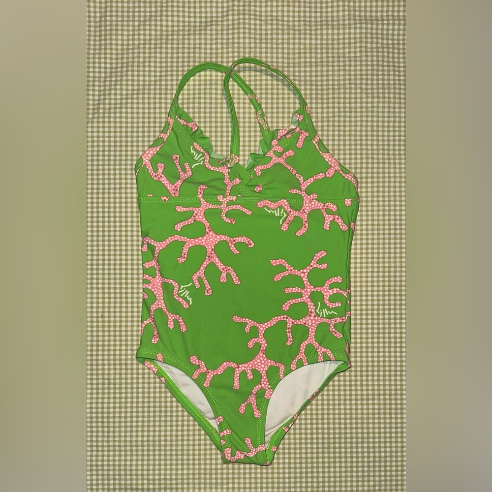 NWOT Lilly Pulitzer green with pink coral swimsuit Girls size 4